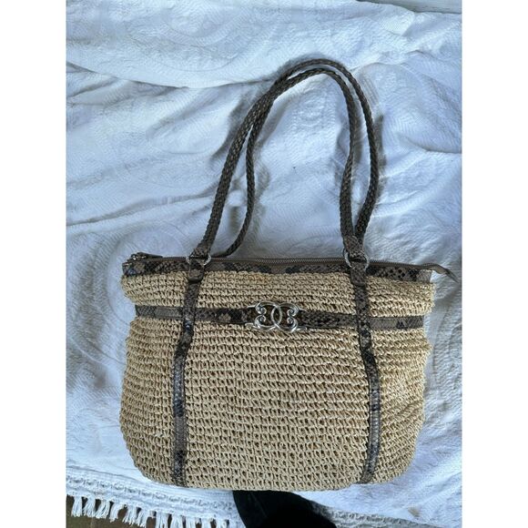 BRIGHTON Raffia Crochet Snake Trim Braided Leather SHOULDER Strap TOTE - Picture 1 of 12